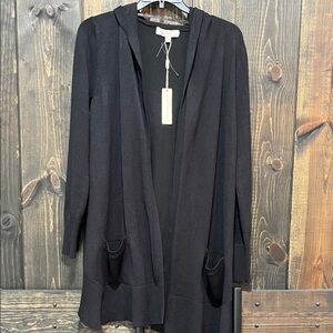 NWT Pointelle Open Cardigan S Black Pockets Hooded‎ Stretch Neutral Boho Cozy